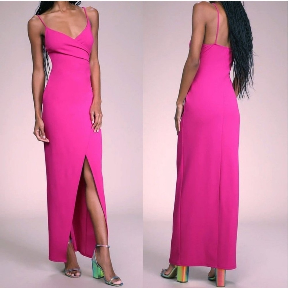 Lulu's Dress Women's L Sweetest Admirer Magenta Ruched Surplice Maxi Bridesmaid